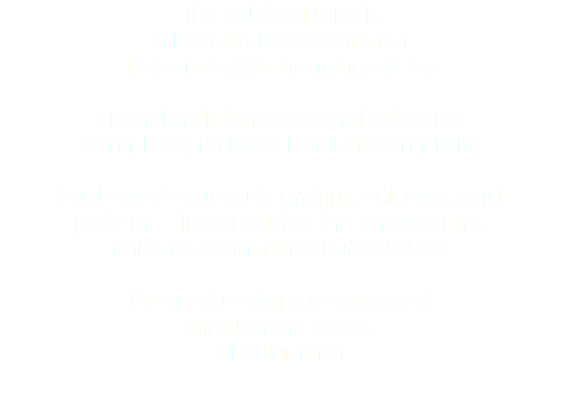 The Orbifold Tarot is
a beautiful exploration of
life's endlessly changing cycles From simplicity rises complexity, and
complexity reduces back into simplicity Each card represents rhythm, balance, and
pattern — in contrast to the chaos of life,
reflected within the shuffled deck Elemental interplay expressed
through the basic,
circular form